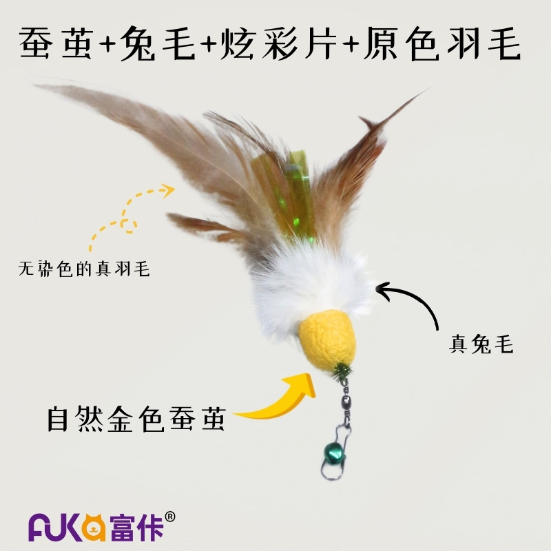 Silkworm Pupa + Rabbit Fur + Feather Reflective Strip Combo Refill Head | Durable Interactive Cat Wand Replacement